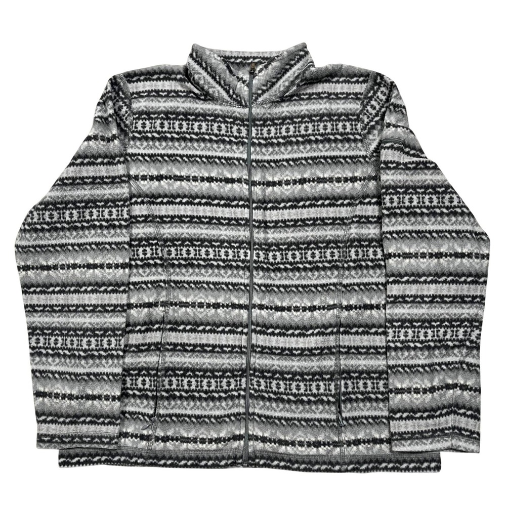 LL Bean Fleece Jacket Fair Isle Womens Medium Full Zip Gray Mock Neck Petite